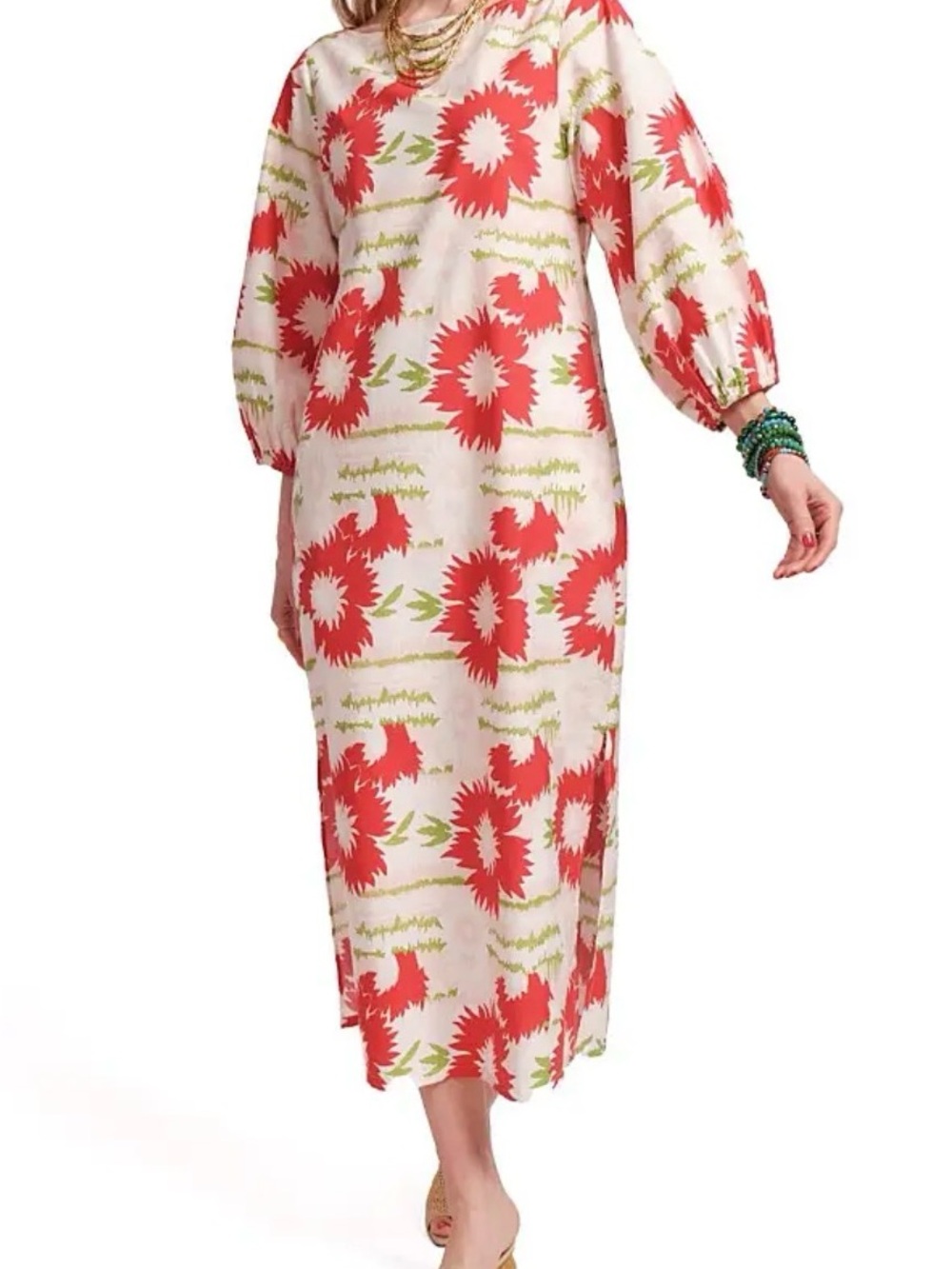 Frances Valentine cotton Minnow dahlia Floral Red & Cream Maxi Dress size L